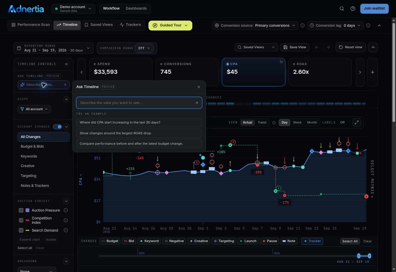 Ask Timeline with example questions